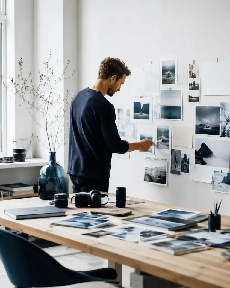 Fotograaf selecteert en organiseert inspirerende beelden in een lichte studio