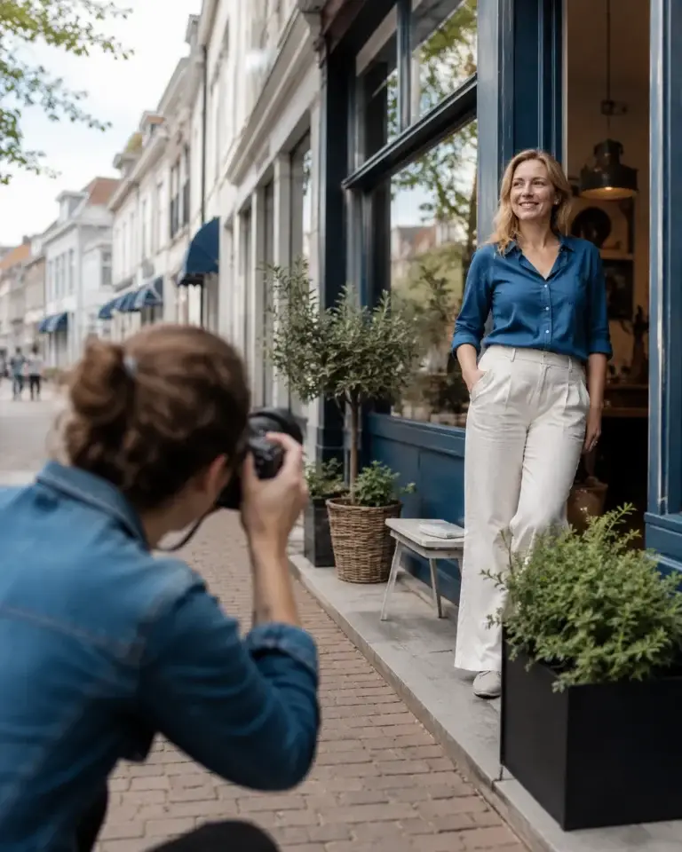 Fotograaf maakt een professioneel portret van een ondernemer voor een winkel