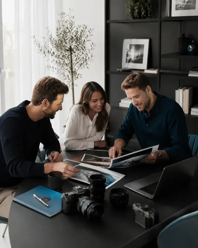 Creatief team bespreekt fotografie, beeldselectie en nieuwe ideeën aan tafel