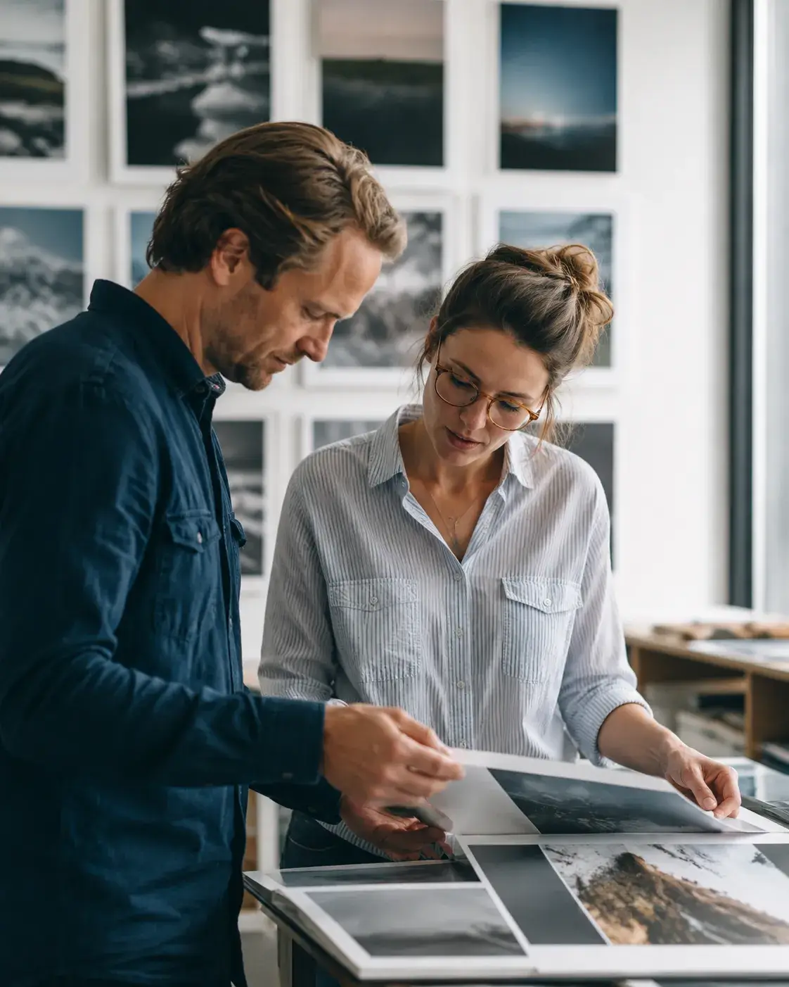 Twee creatieve professionals beoordelen samen fotografische prints in een studio