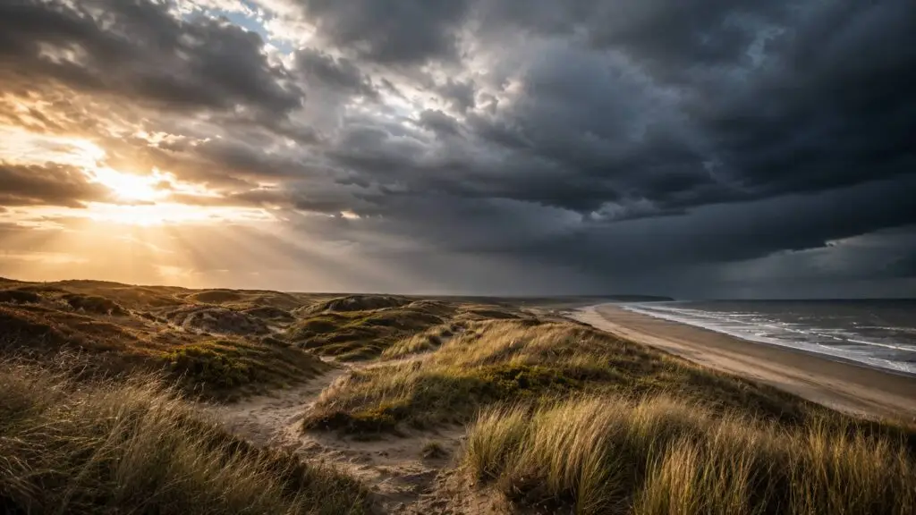 Landschapsfotografie stijlen met dramatisch licht boven een Nederlands kustlandschap