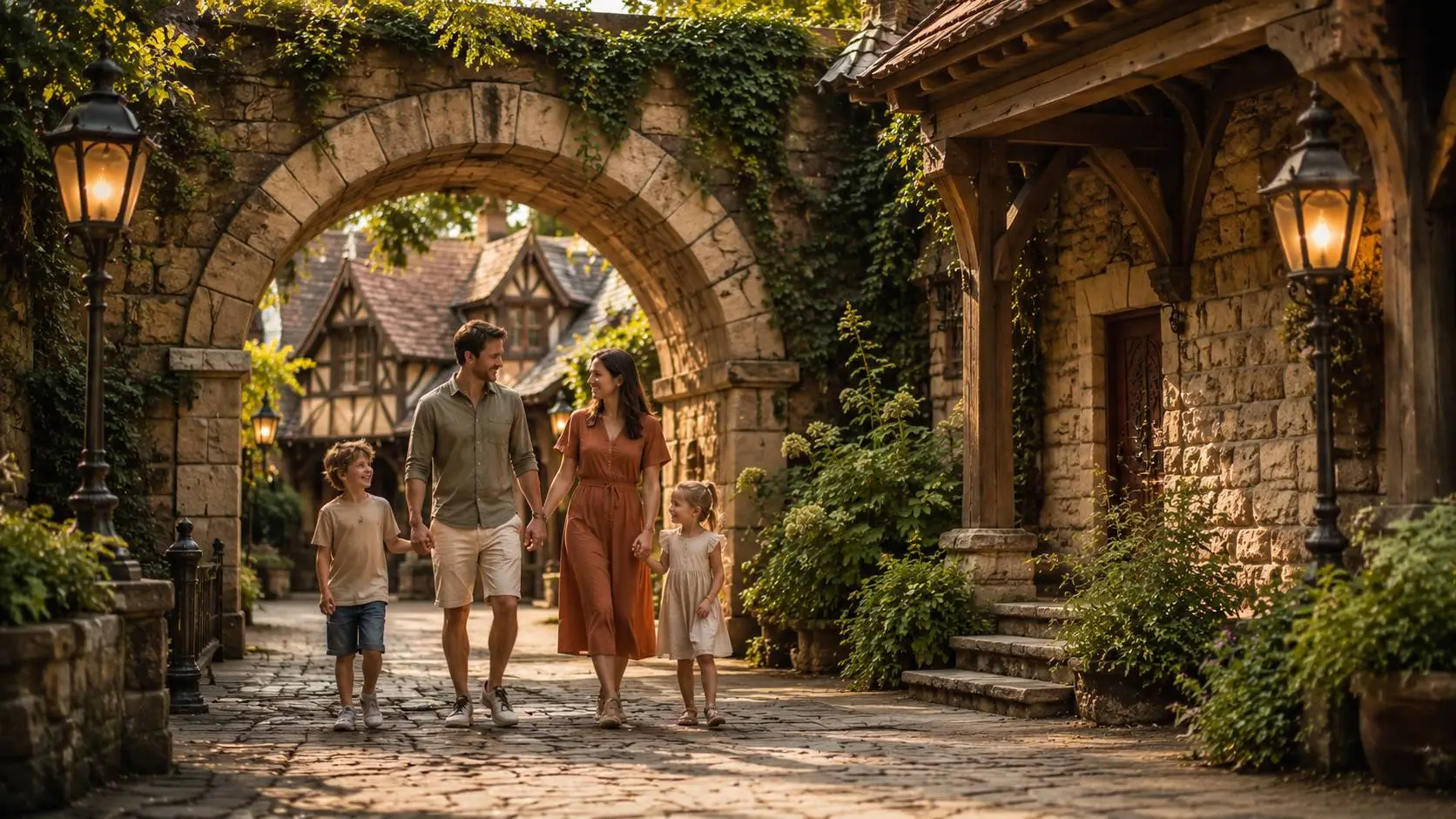Efteling fotoshoot met een gezin in een sfeervolle thematische omgeving