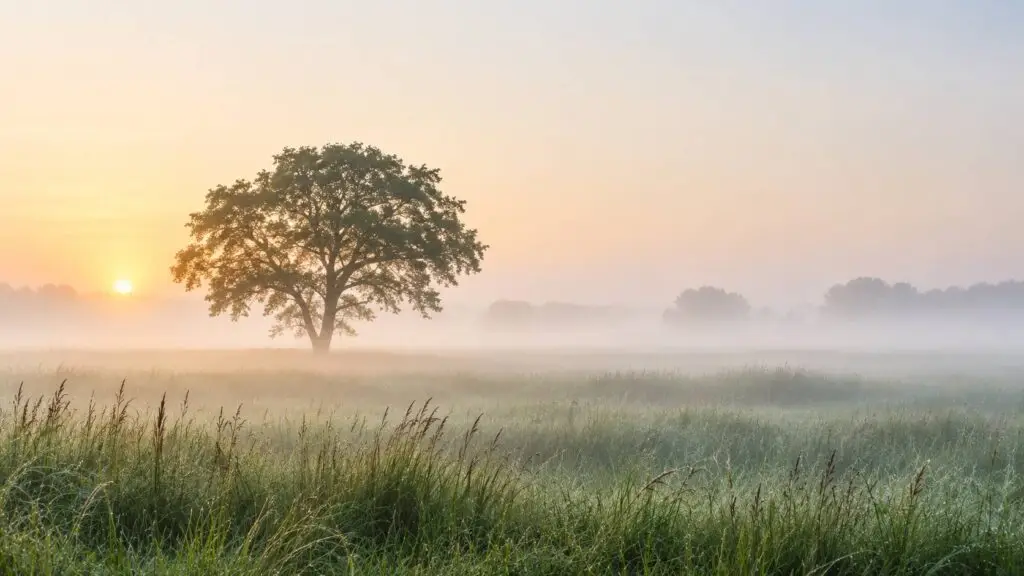 Minimalistische landschapsfotografie met een solitaire boom, mist en veel negatieve ruimte