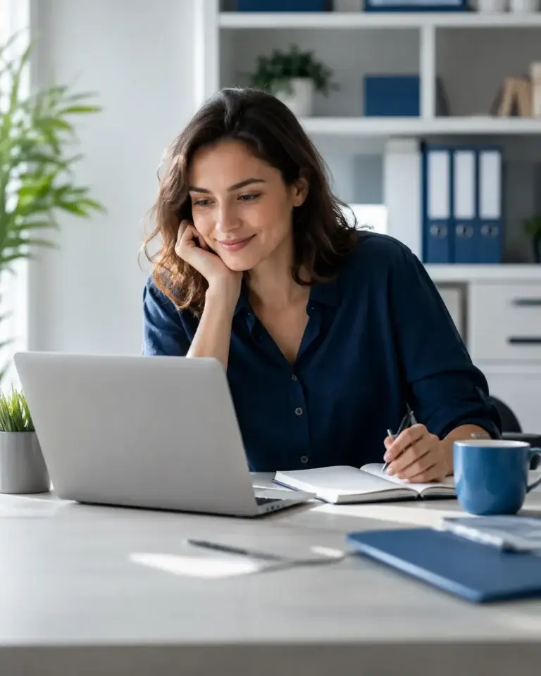 Professional bekijkt informatie op een laptop en maakt notities voor de FAQ van Fotoburo Brabant
