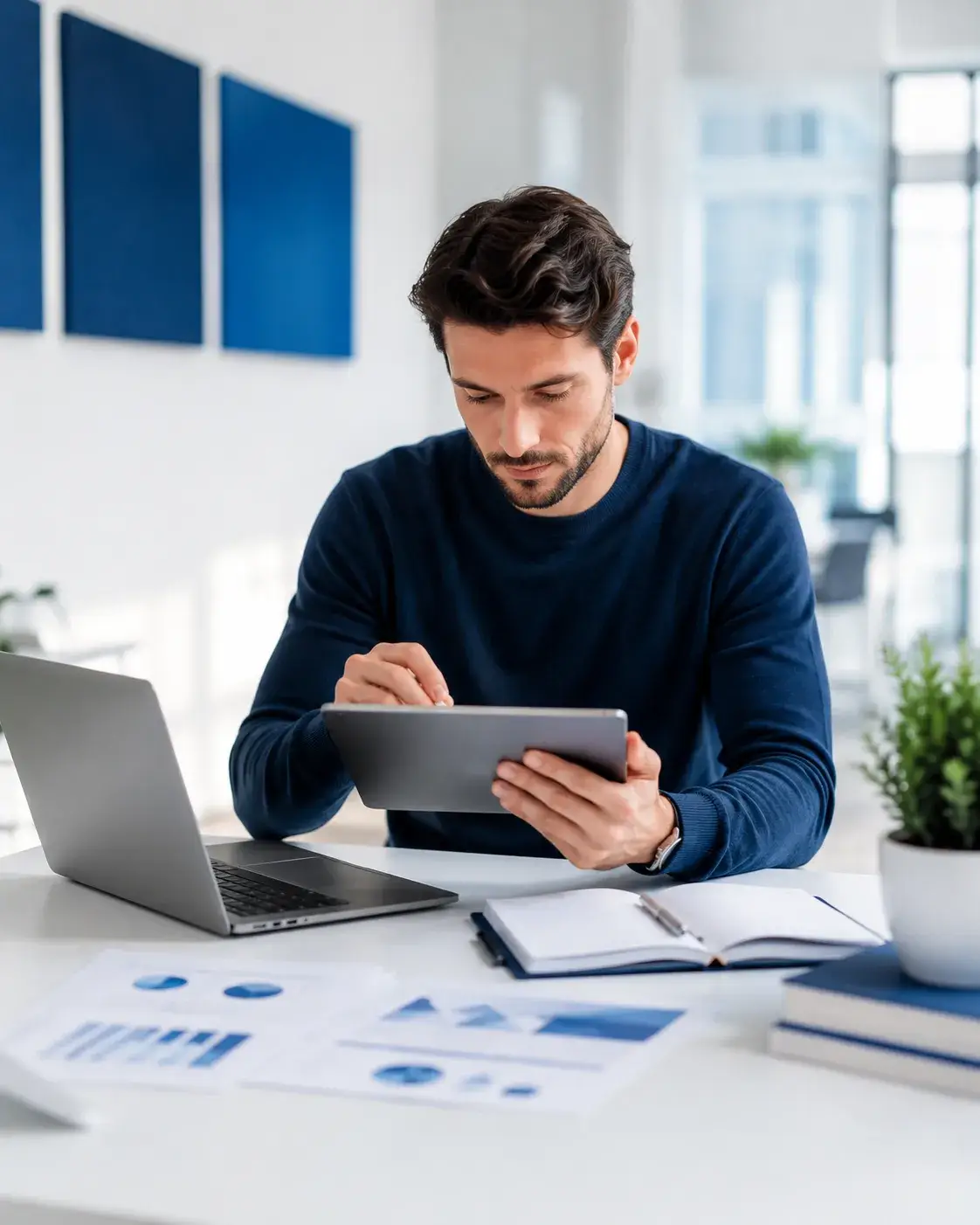 Professional werkt geconcentreerd met tablet, laptop en documenten aan duidelijke en bruikbare informatie